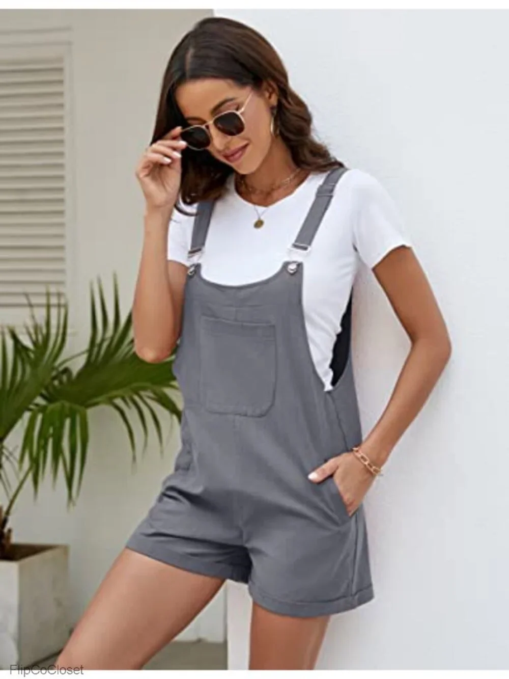 Women's Cotton Linen Short Overalls with Pockets Adjustable Straps Romper